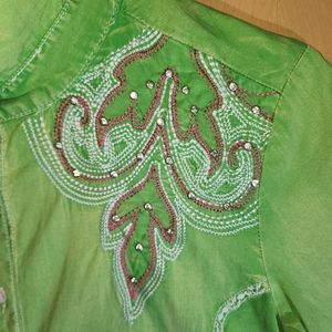 Grace in LA Lime Green Rodeo Shirt Pink White Embroidered Crystals Lace Small